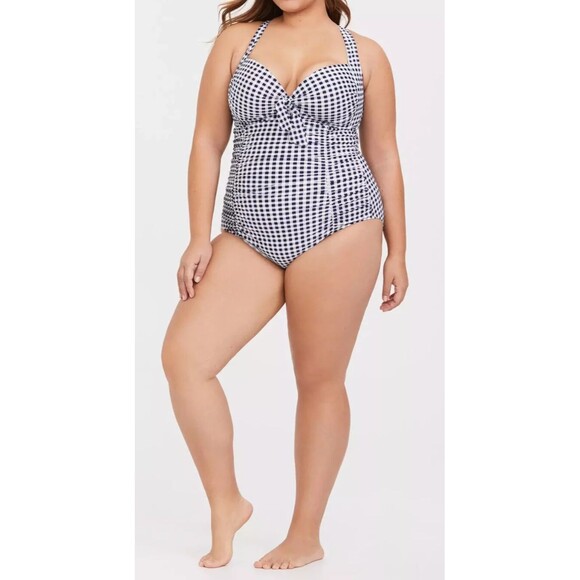 Torrid Navy Gingham Tie Front Wireless Ruched One-Piece Swimsuit Plus Size 4 4X - Picture 16 of 16